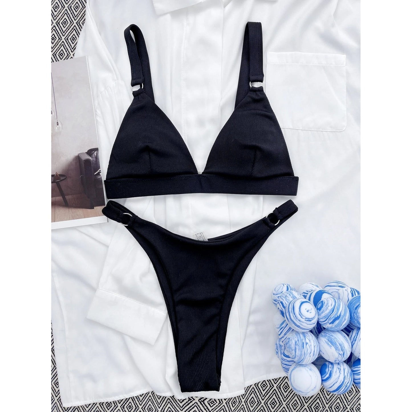Rib Ring Linked High Cut Bikini Swimsuit