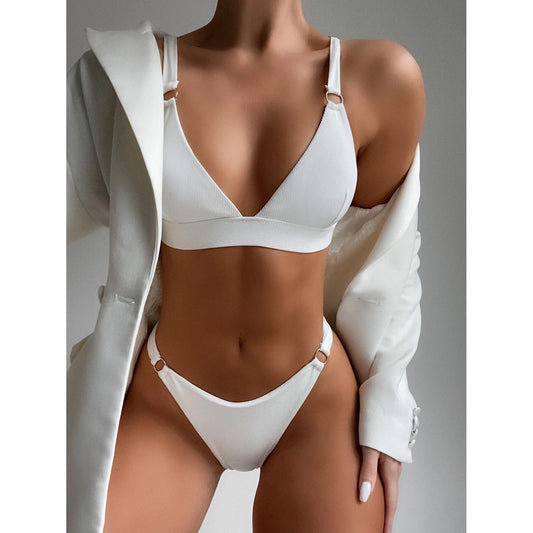 Rib Ring Linked High Cut Bikini Swimsuit