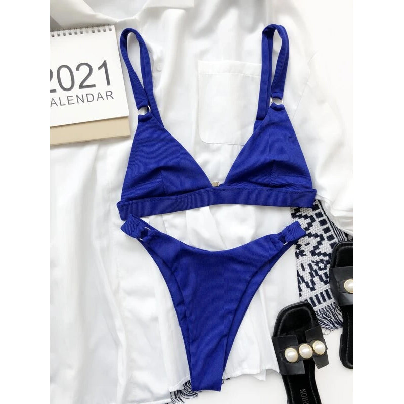 Rib Ring Linked High Cut Bikini Swimsuit