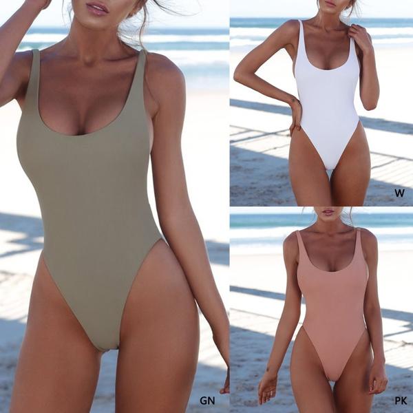 Women Sexy Push Up One-piece Backless Solid Retro Triangle Swimsuit